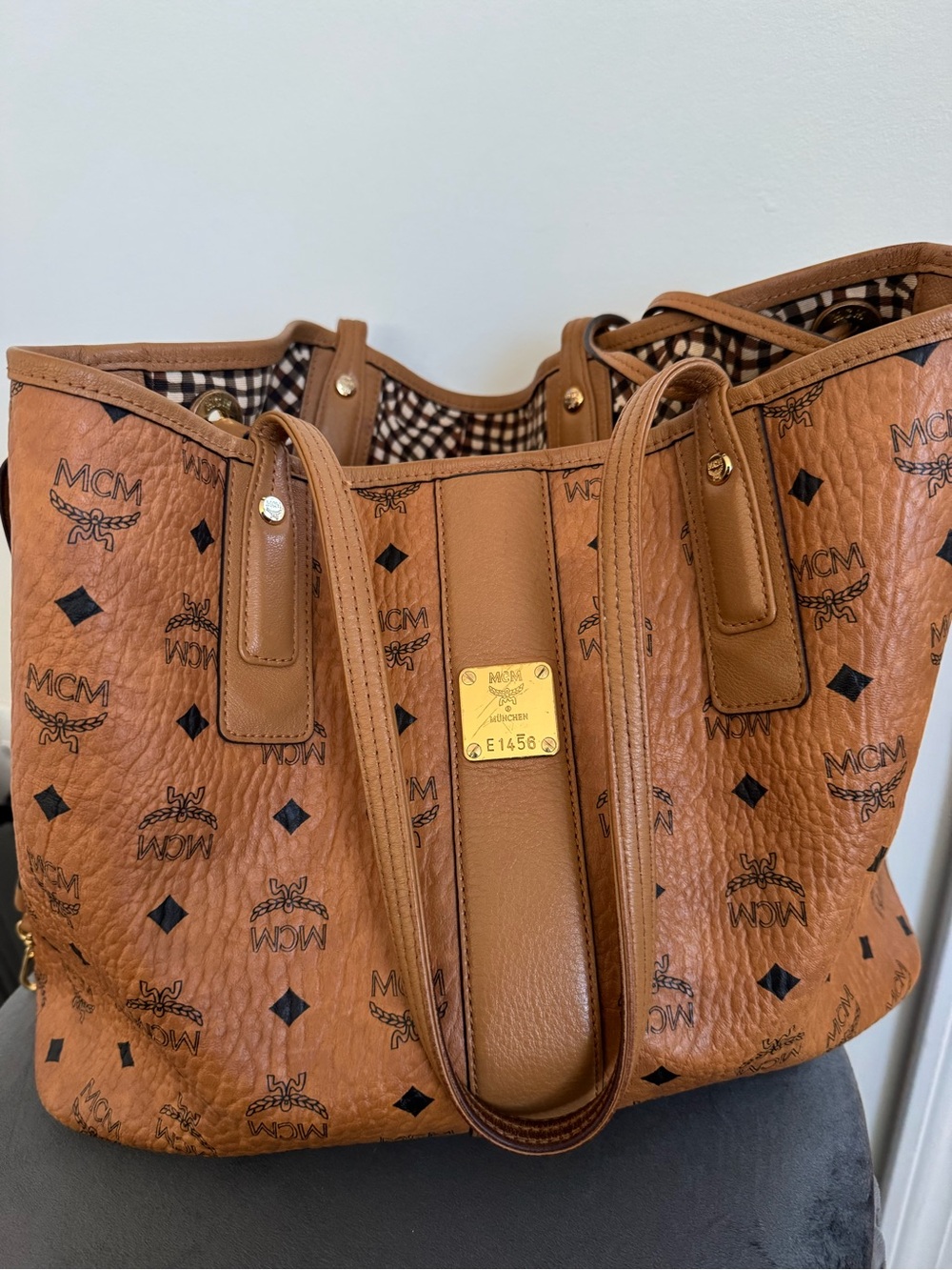 MCM Cognac Visetos Monogrammed Tote with Gold Plaque
